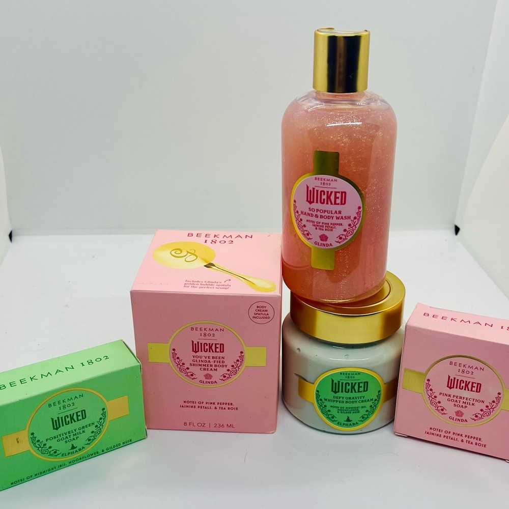 Beekman 1802 NWT Movie 💚Wicked🩷 Pink and Green Body cream, Wash, Gel & Soap Set